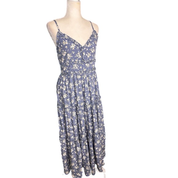 Floral Spaghetti Strap Tiered Midi Dress Womens Size M Blue Cottagecore Boho New - Picture 2 of 11